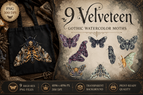 Download Goth Velveteen Moths Watercolour Clipart - Goth Collection